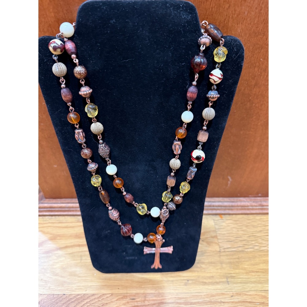 Boho Double Strand Beaded Necklace Copper Flared Cross Amber Cream Earth Tones - Picture 2 of 12